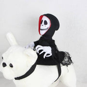 Funny skeleton rider pet costume on a plush dog. Halloween Teddy Cape design for cats and dogs, adjustable and breathable.